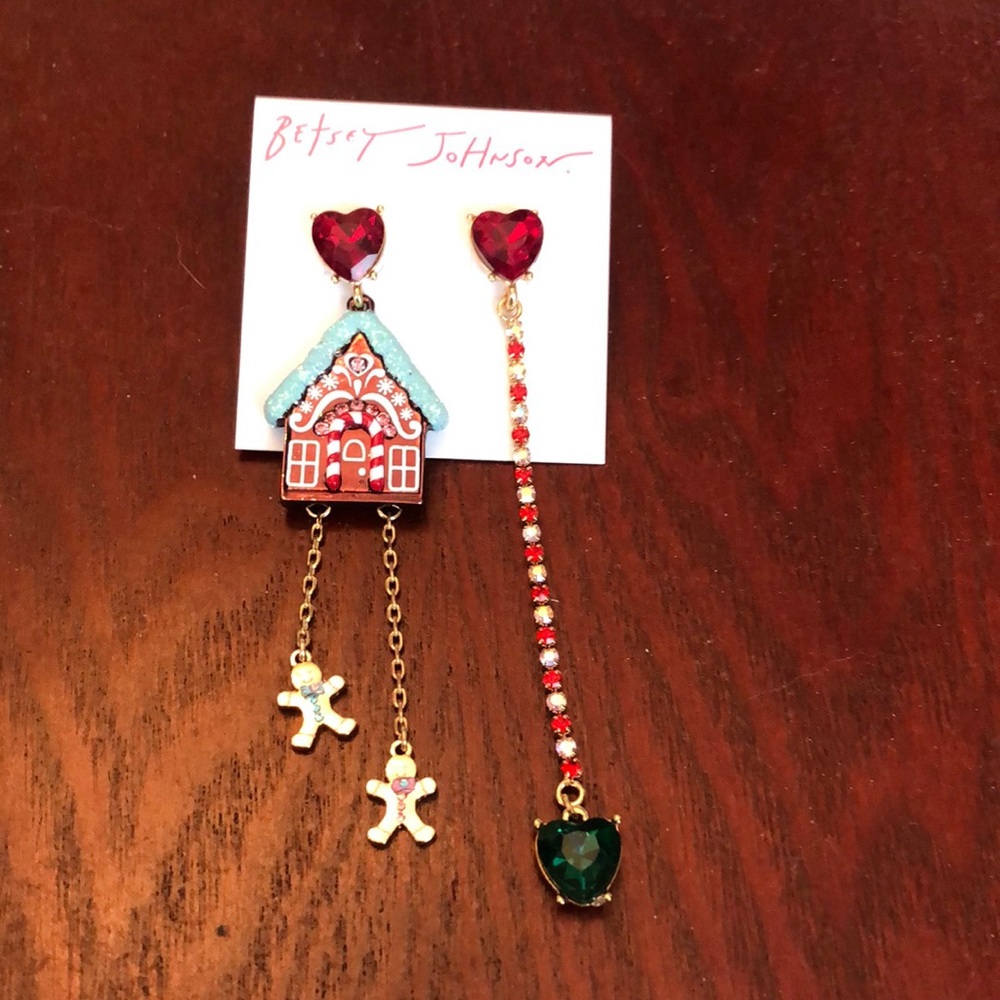 Betsey Johnson Jingle Bell Bling Gingerbread House Heart Mismatch Drop Earrings